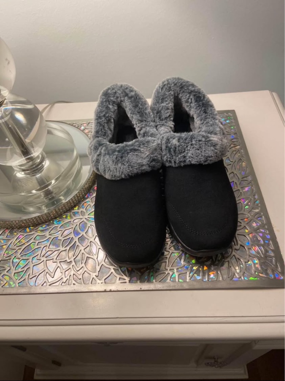 Skechers Women's Black Slip-On Slippers with Gray Faux-Fur Collar